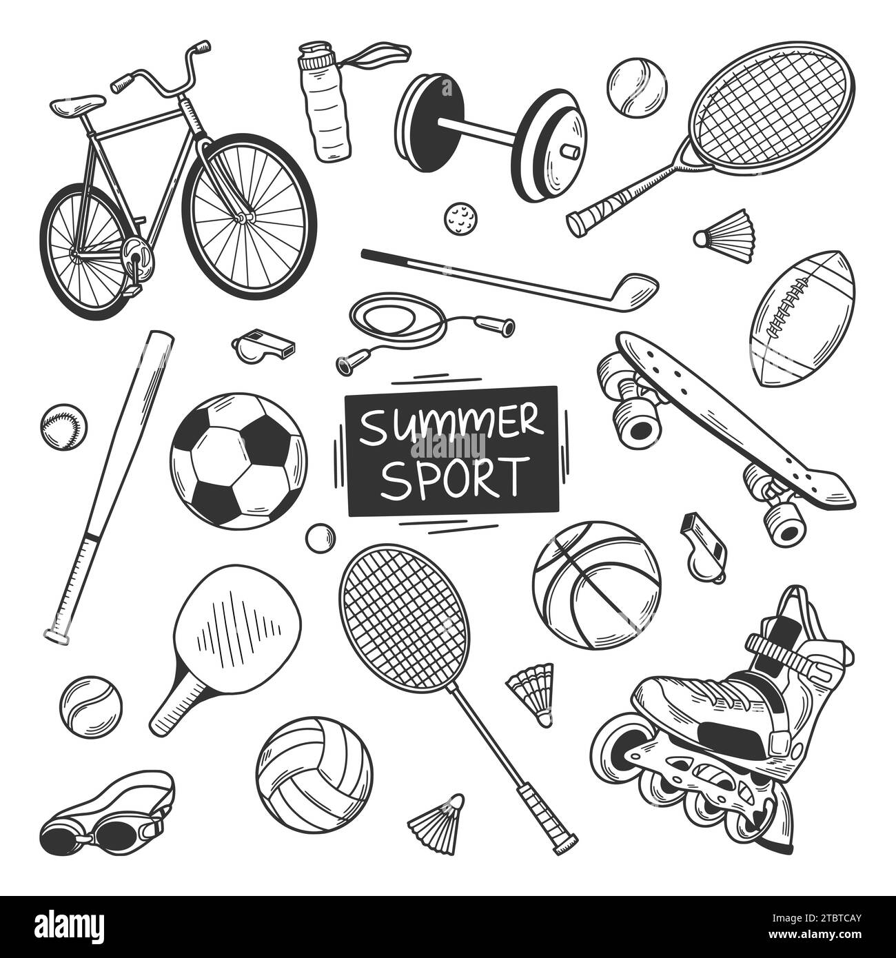 Hand drawn sport equipment icon set in doodle style. Vector