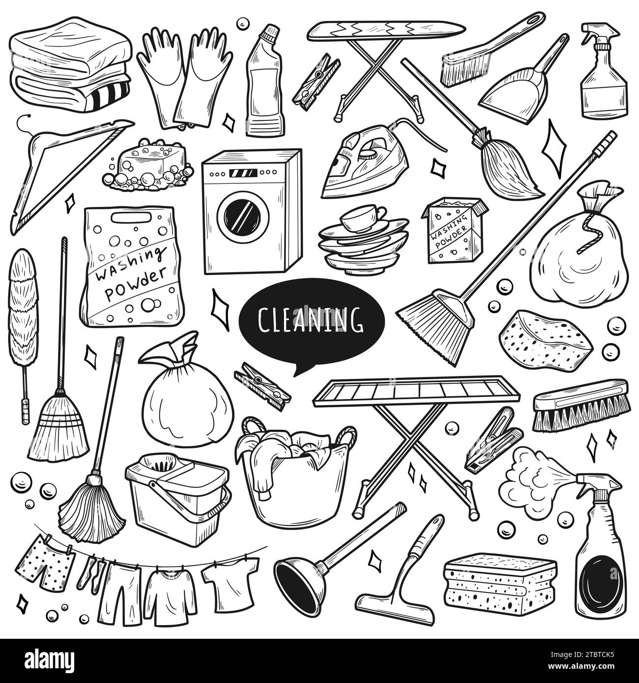 Hand drawn set of cleaning equipments, sponge, spray, broom, bucket