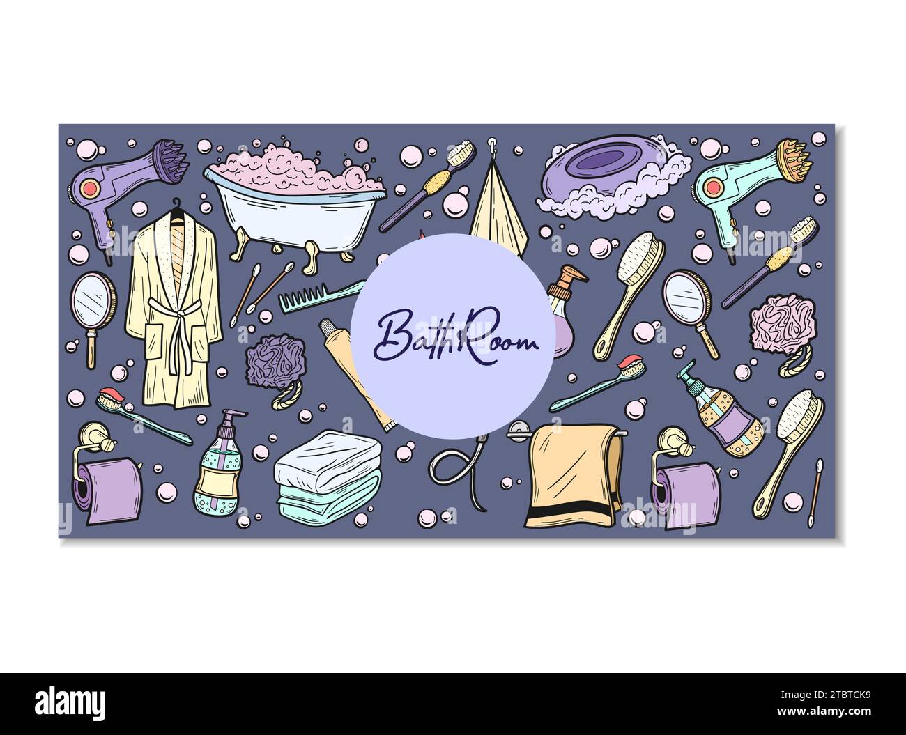 Hand drawn color Bathroom icons set. Vector illustration home bath