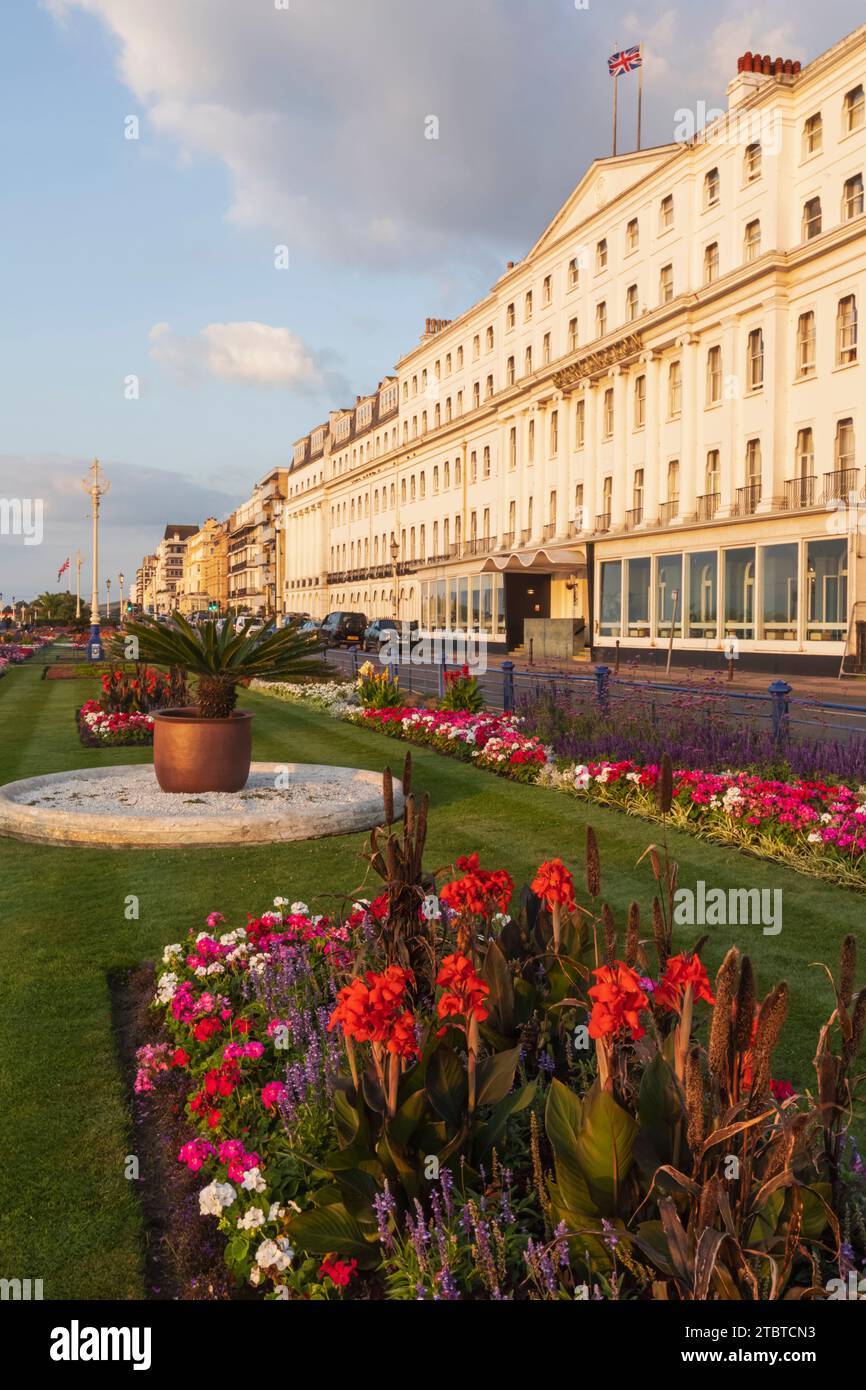 England, East Sussex, Eastbourne, View of The Grand Parade and Seafront Hotels with the Carpet Gardens Stock Photo