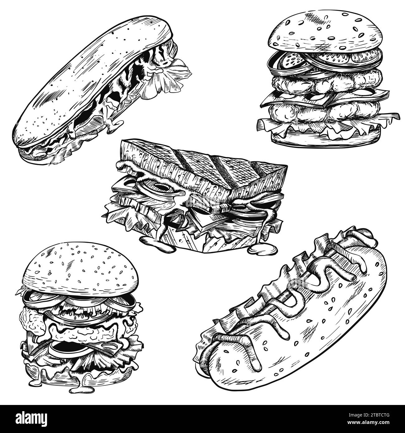 Sketch of set of burger, cheeseburger, sandwich, hot dogs Stock Vector