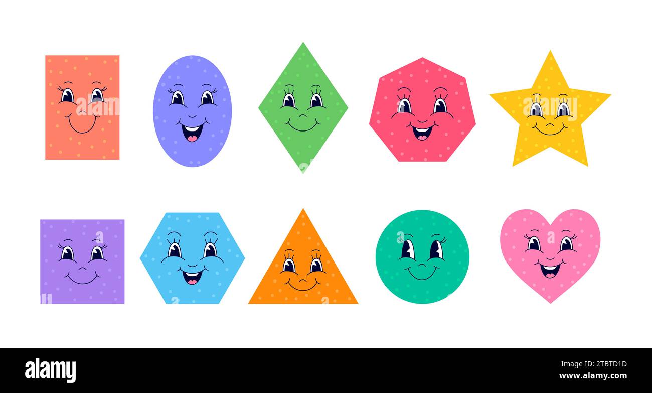 Geometric shapes with cute faces on white background. Simple and cute