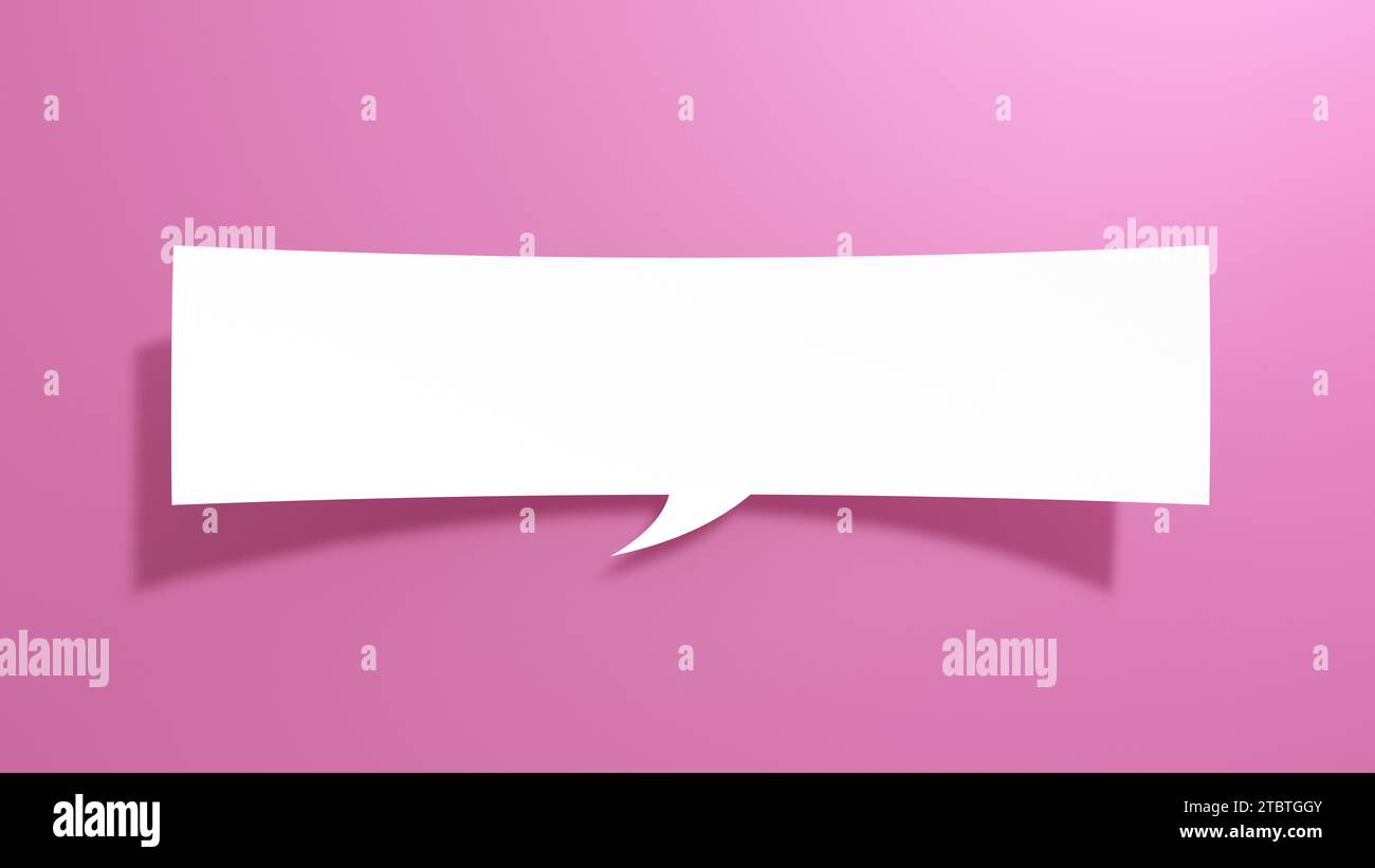 Long Empty Speech Bubble. Minimalist Abstract Design With White Cut Out Paper on Pink Background. 3D Render. Stock Photo