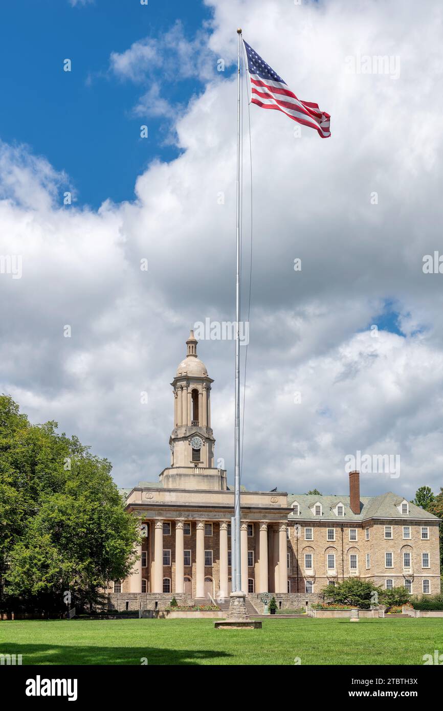 The Old Main building on the campus of Penn State University in spring sunny day, State College, Pennsylvania. Stock Photo