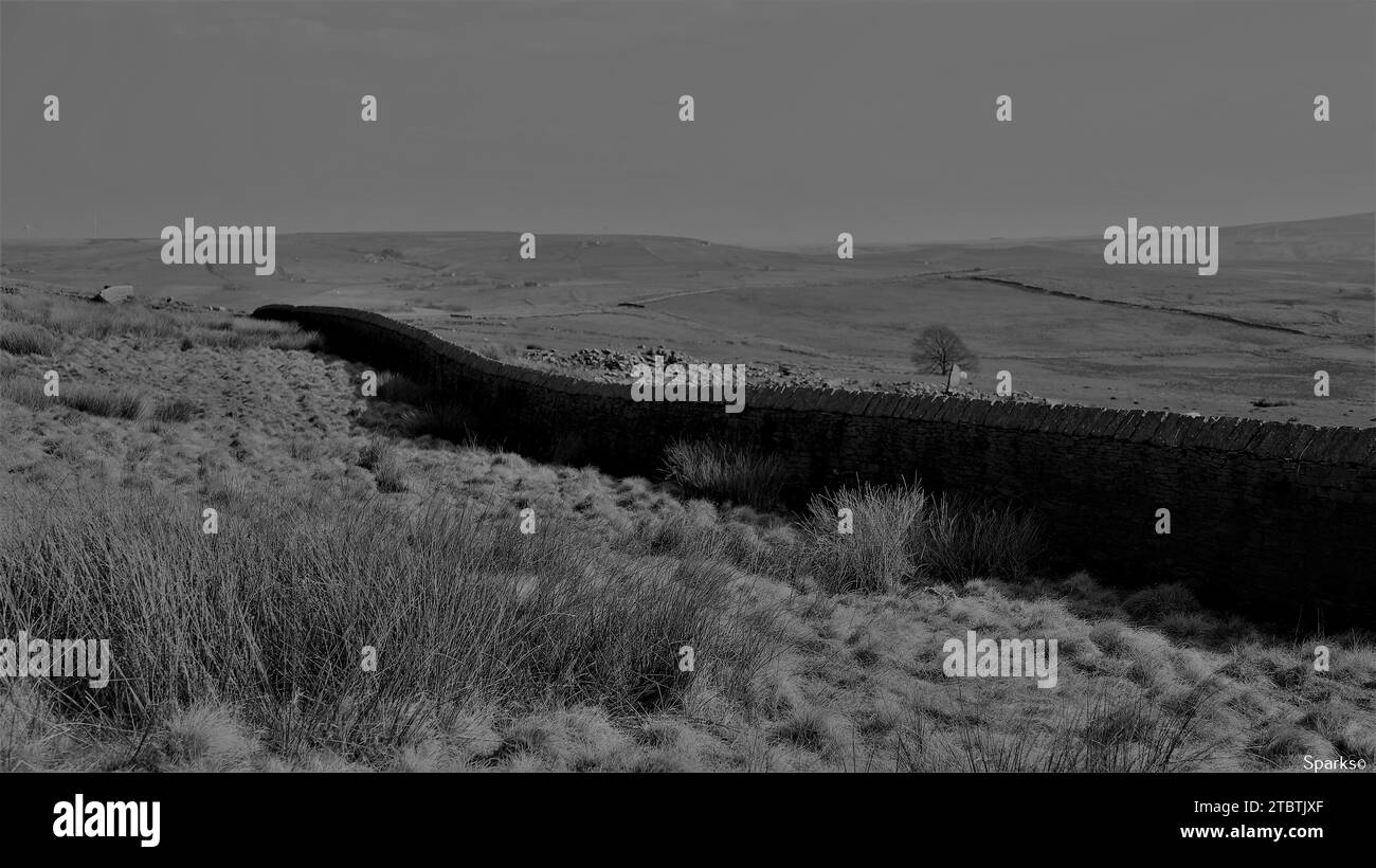 Not tonight  image of the boundary wall  at  Clowbridge that divides fields above Stock Photo