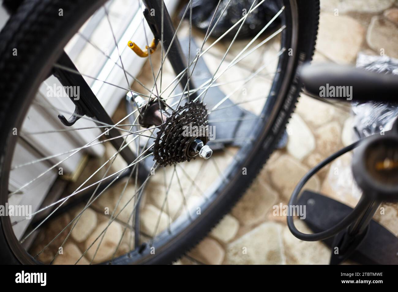 Gear shifting stars. Repair and maintenance of bicycles. Stock Photo