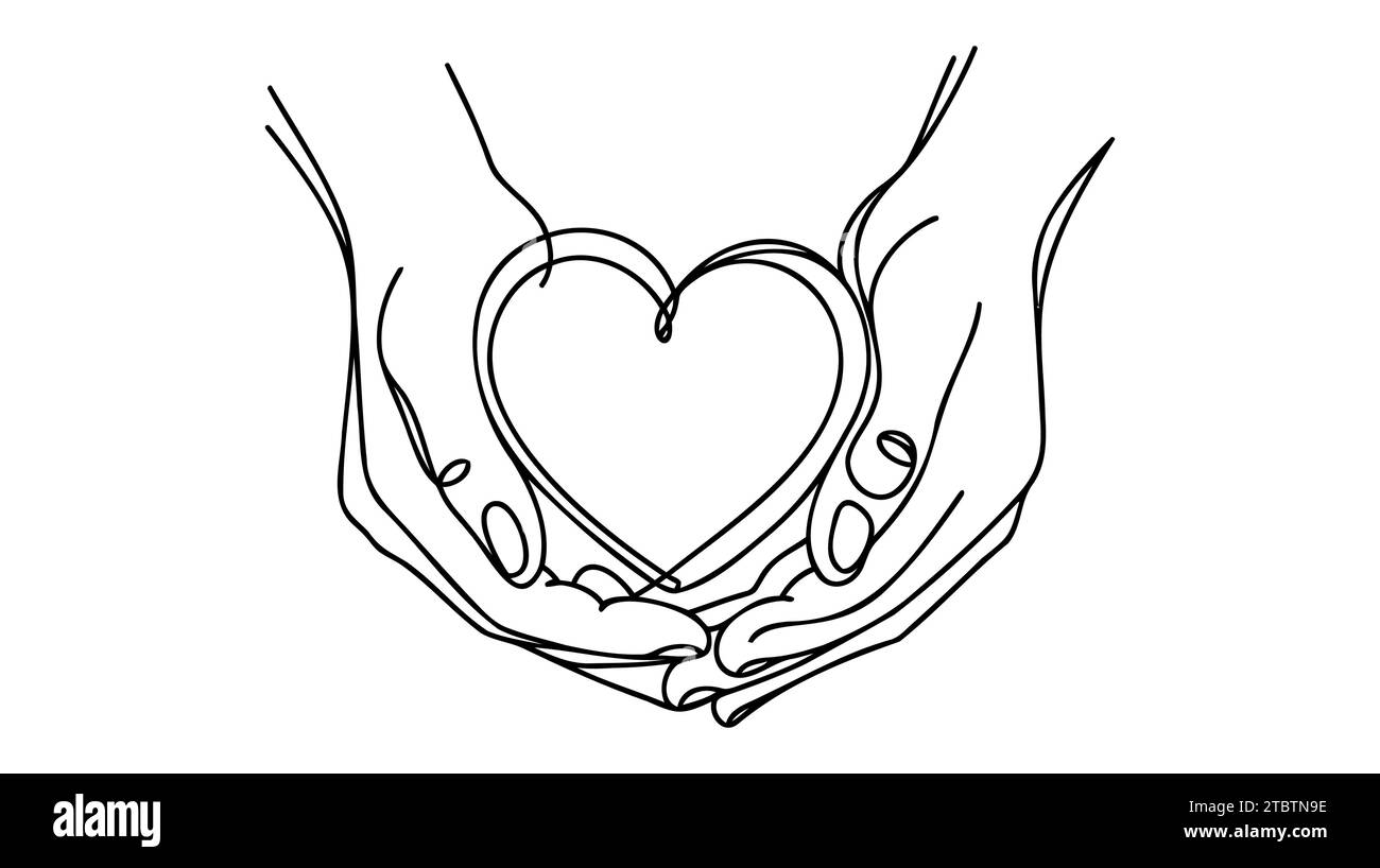 Continuous one line drawing arms holding heart. Charity donation linear concept. Vector isolated
