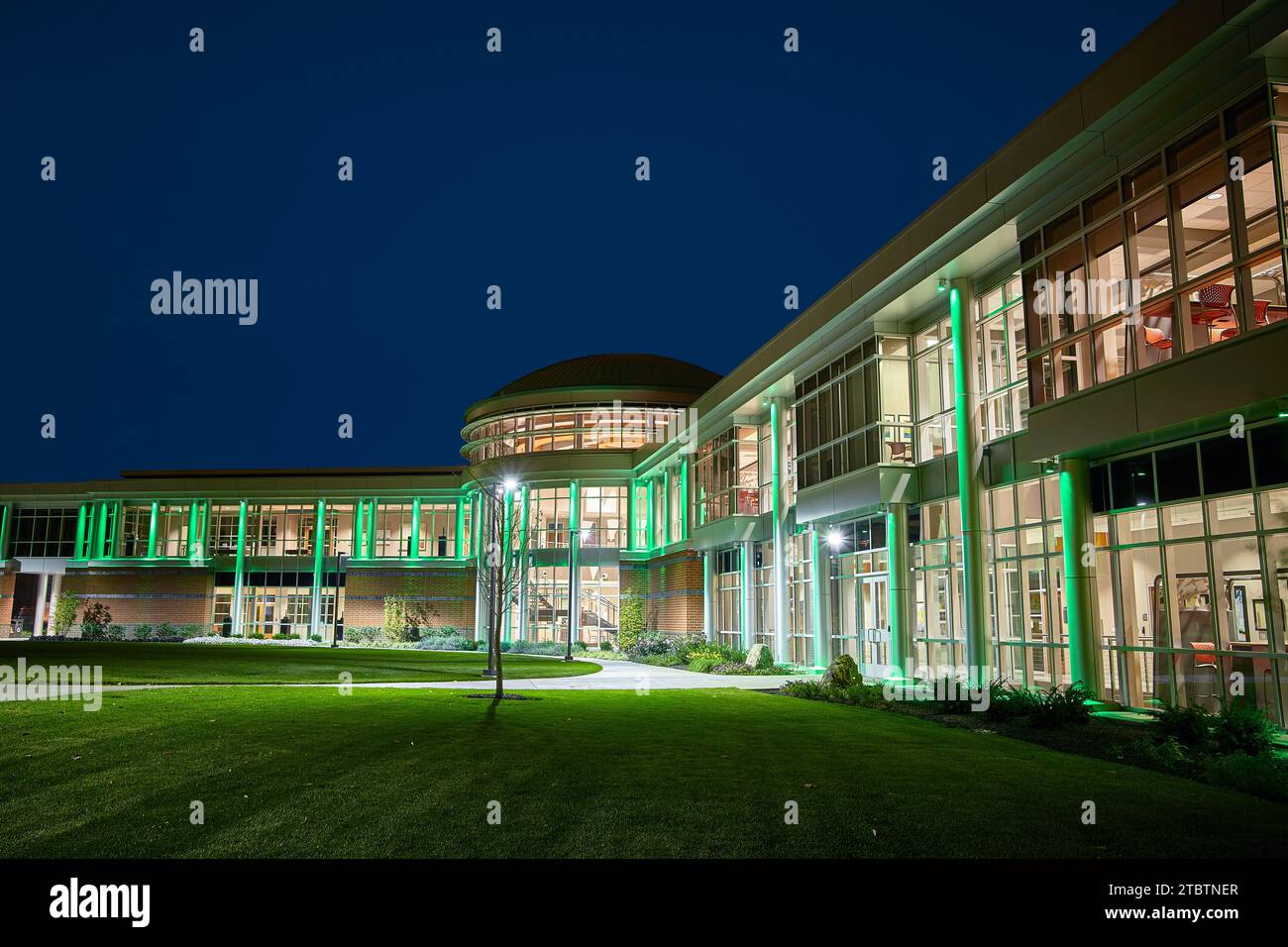Nighttime Illumination of Modern Campus in Suburban Indiana Stock Photo
