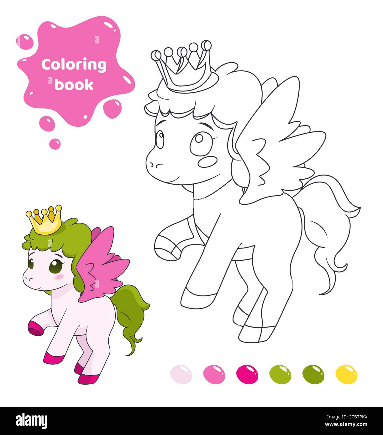 Coloring book for kids. Cute pony with crown and wings. Stock Vector