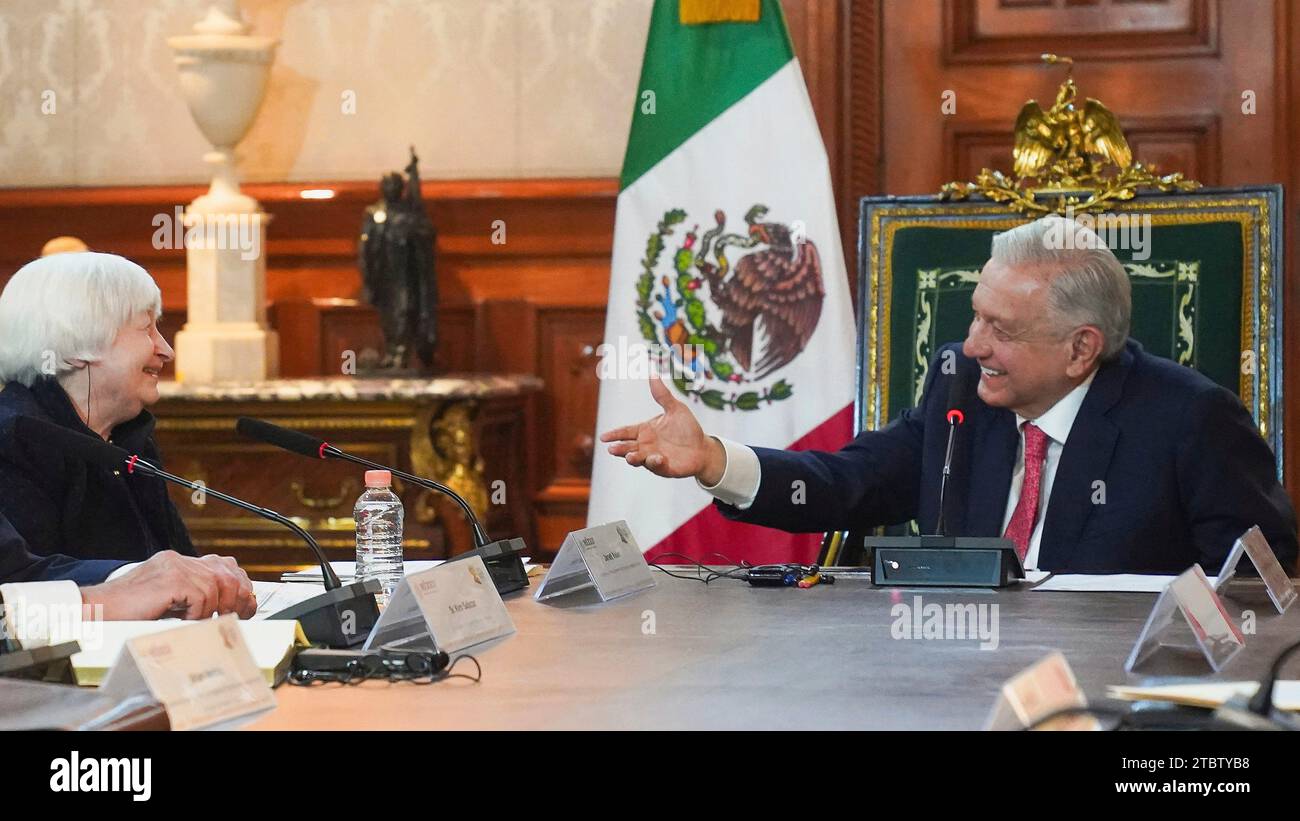 Mexico City, Mexico. 07th Dec, 2023. Mexican President Andres Manuel Lopez Obrador, right, holds a bilateral meeting with U.S. Treasury Secretary Janet Yellen, left, at the National Palace, December 7, 2023 in Mexico City, Mexico. Credit: Presidencia de la Republica Mexicana/Mexican Presidents Office/Alamy Live News Stock Photo