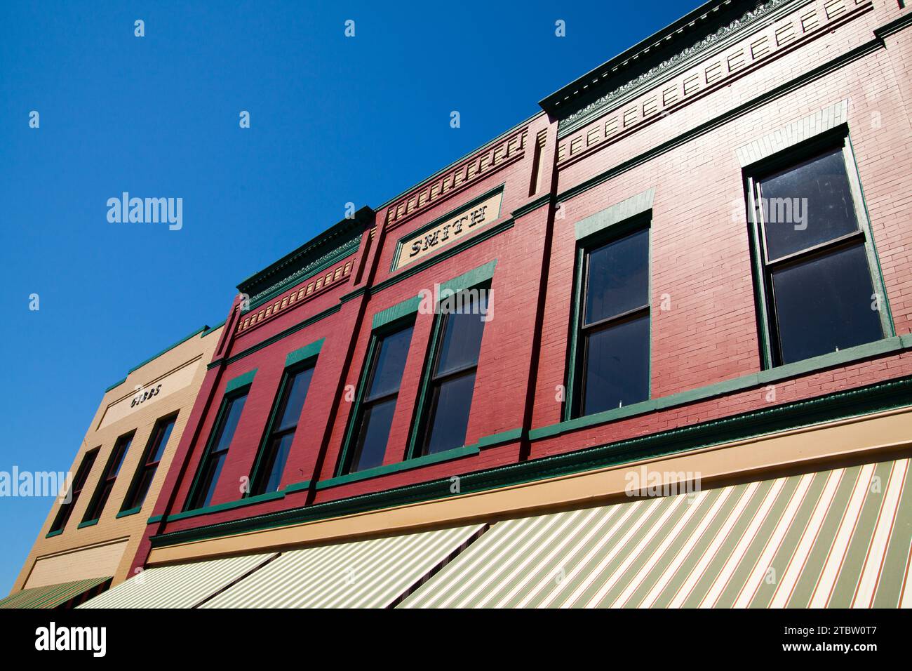 Historic Commercial Buildings Low Angle View in Empire, Michigan Stock