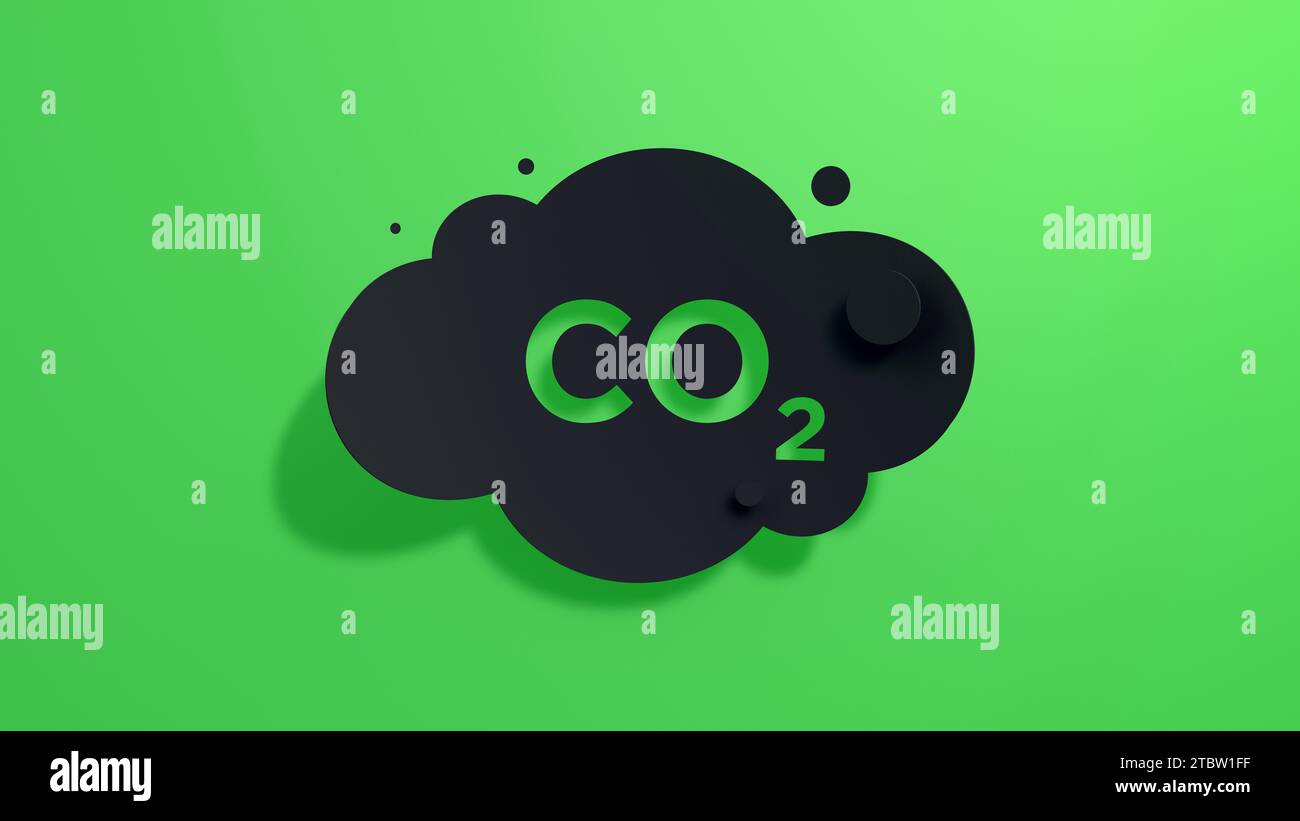 Cloud Co2 Emissions on a Green Background. Icon Carbon Gas. Minimalist Abstract Design with Black Cut Out Paper. 3D Render. Stock Photo