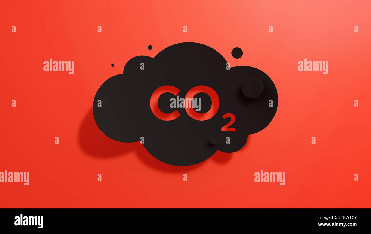 Cloud Co2 Emissions on a Red Background. Icon Carbon Gas. Minimalist Abstract Design with Black Cut Out Paper. 3D Render. Stock Photo
