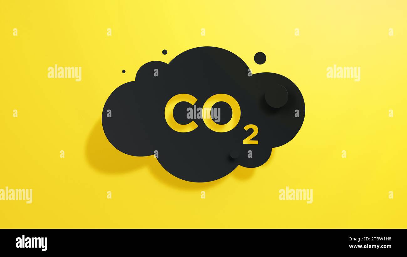 Cloud Co2 Emissions on a Yellow Background. Icon Carbon Gas. Minimalist Abstract Design with Black Cut Out Paper. 3D Render. Stock Photo