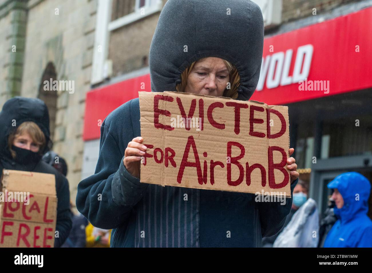 A housing protest hosted by First Not Second Homes in Truro, Cornwall as the area faces issues with housing, second homes and Air Bnbs. Stock Photo