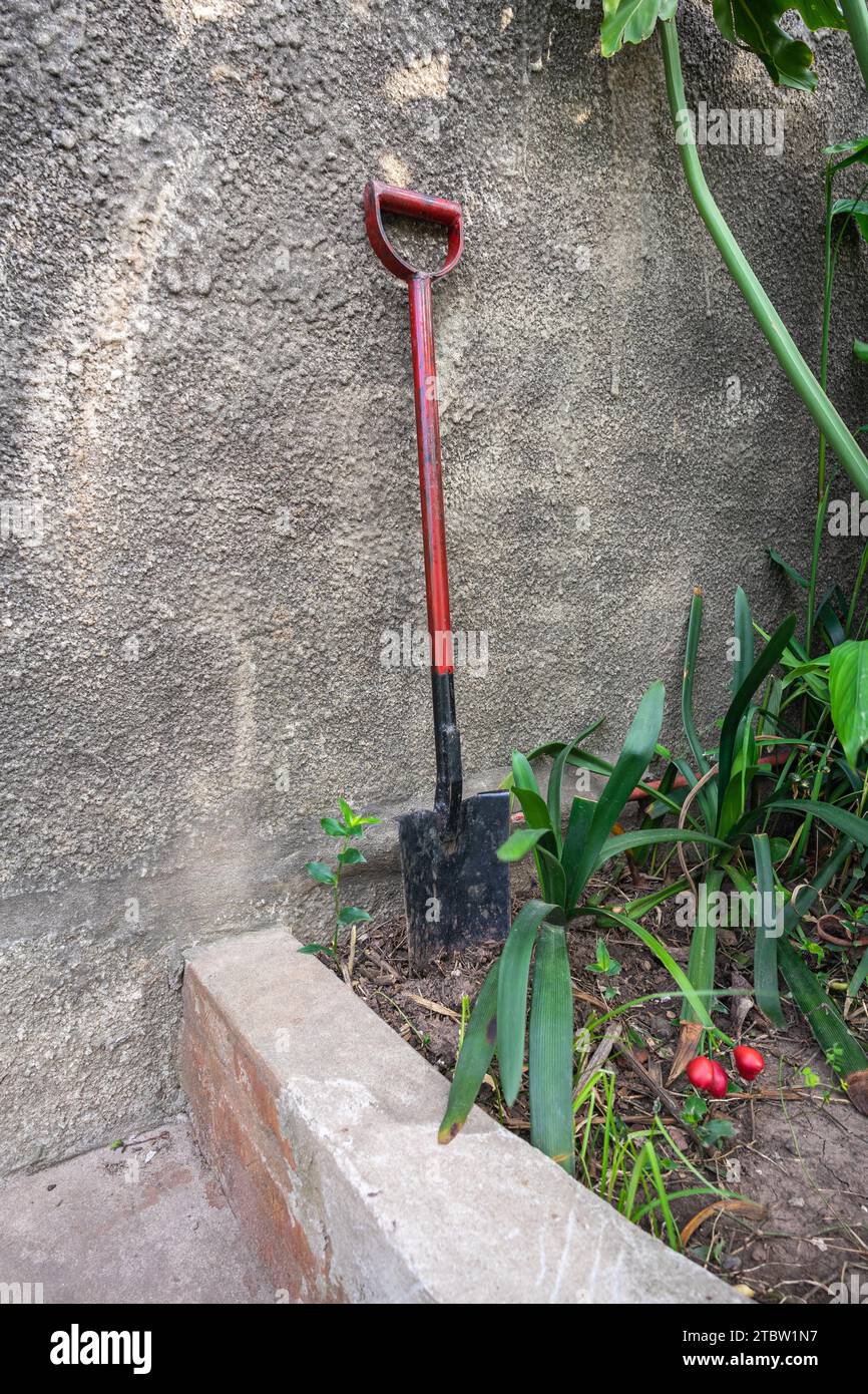 shovel and rake in the yard Stock Photo
