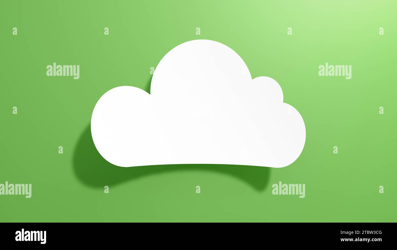 Empty Cloud Speech Bubble. Minimalist Abstract Design With White Cut Out Paper on Green Background. 3D Render. Stock Photo