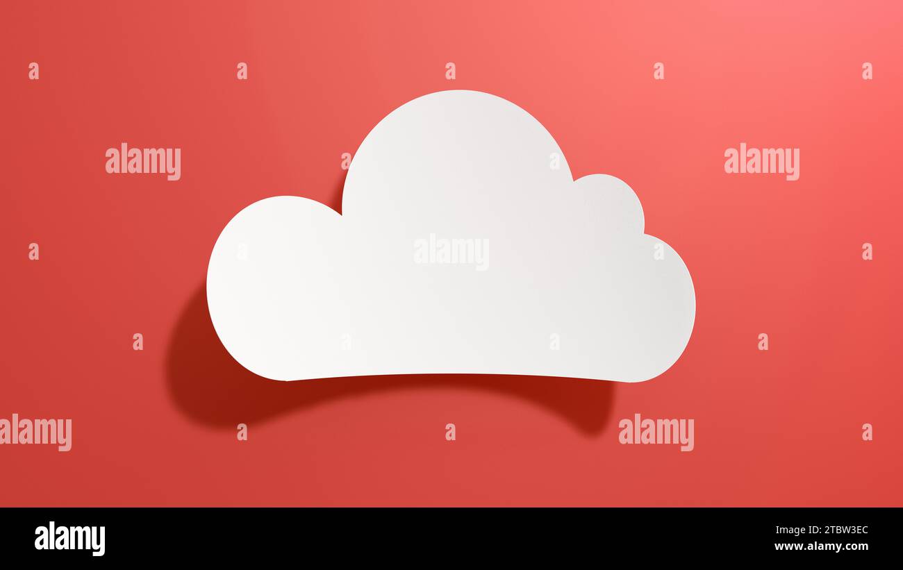 Empty Cloud Speech Bubble. Minimalist Abstract Design With White Cut Out Paper on Red Background. 3D Render. Stock Photo