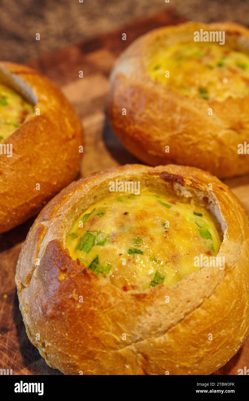 Rustic Homemade Bread Bowls with quiche filling Above EyeLevel