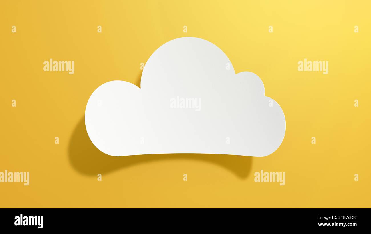 Empty Cloud Speech Bubble. Minimalist Abstract Design With White Cut Out Paper on Yellow Background. 3D Render. Stock Photo