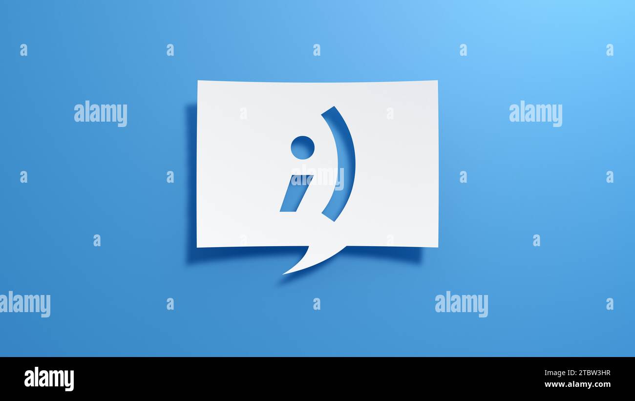 Wink Smile Speech Bubble. Minimalist abstract design with white cut out paper on blue background. 3D Render. Stock Photo