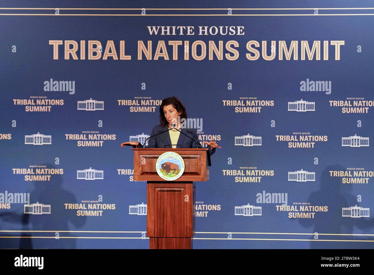 Washington, United States Of America. 06th Dec, 2023. Washington, United States of America. 06 December, 2023. U.S Commerce Secretary Gina Raimondo delivers remarks to the White House Tribal Nations Summit at the Department of the Interior headquarters, December 6, 2023 in Washington, DC Credit: Interior Department Photo/US Department of Interior/Alamy Live News Stock Photo