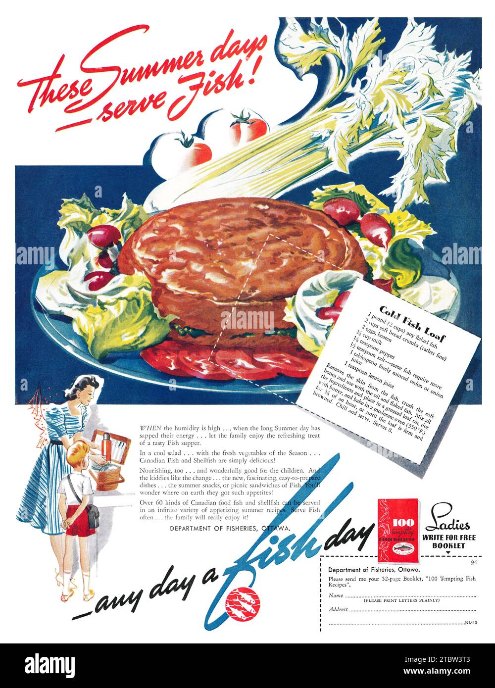 1939 Canadian advertisement by the Department Of Fisheries, promoting the use of fish in cooking and meal preparation. Stock Photo