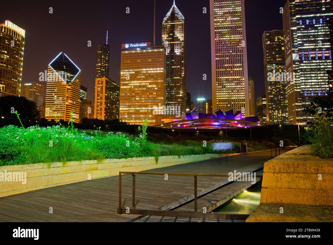 Urban Oasis in Illuminated Chicago Skyline at Night Stock Photo - Alamy
