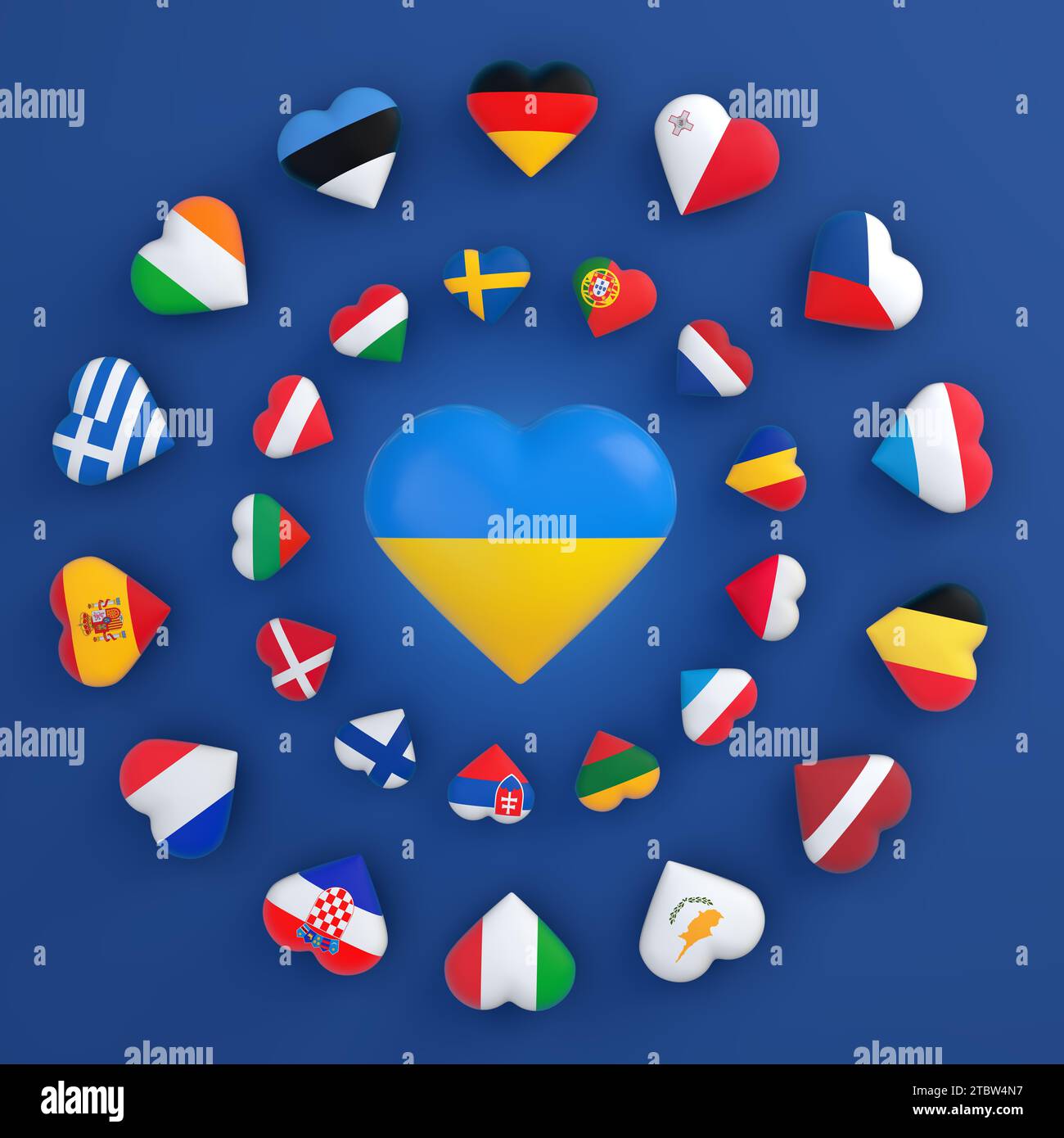 Flag of Ukraine and European Union countries in the shape of a heart. Stock Photo