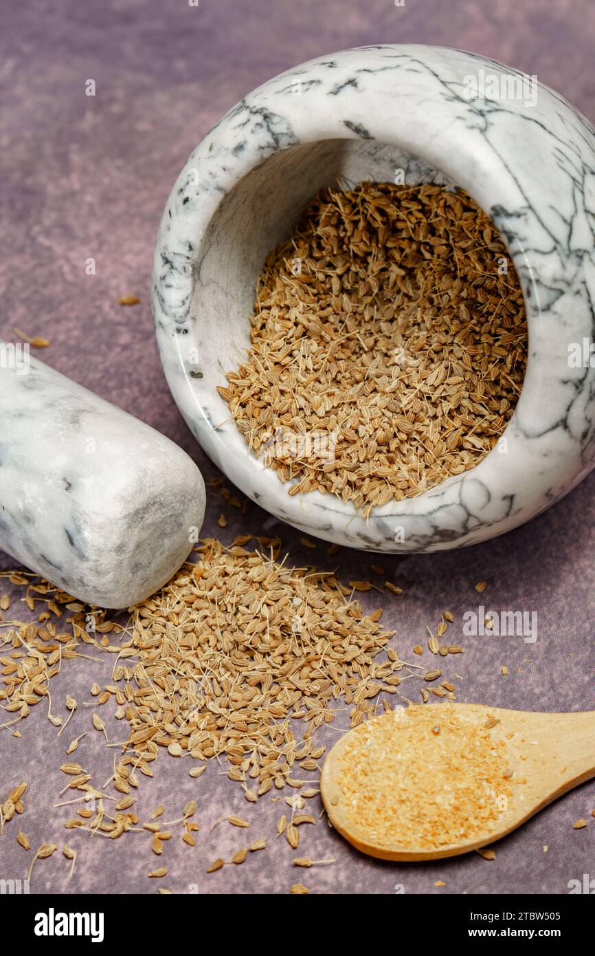 Whole dried anise seeds (Pimpinella anisum) in a ceramic mortar and pestle, with ground anise and star anise Stock Photo