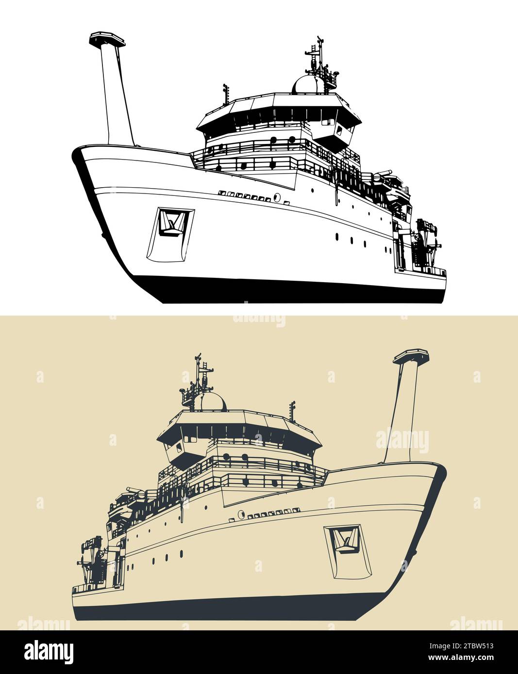 Stylized vector illustrations of large research vessel. Ship's bow