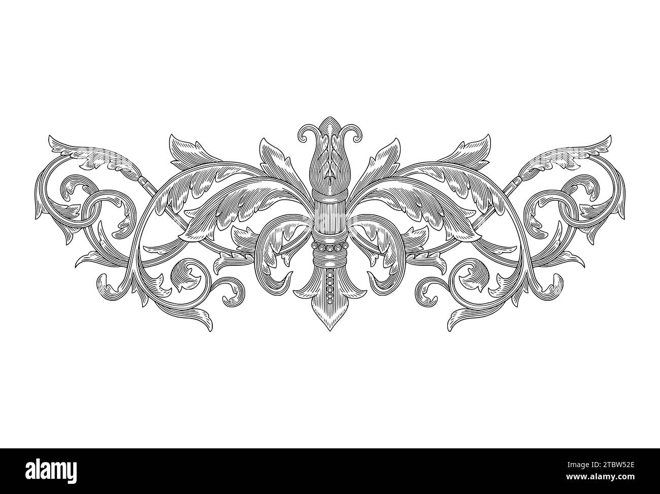 Fleur de lis with vintage baroque ornament floral frame, antique engraving drawing illustration Stock Vector
