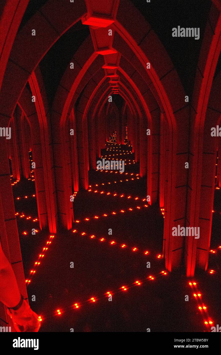 Mirror Maze with Red Light Path in Atmospheric Indoor Setting