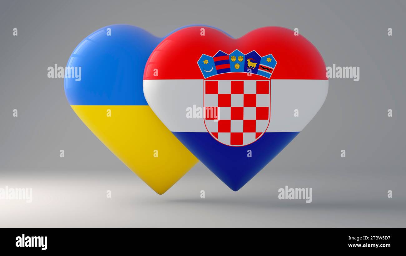 State symbol of Ukraine and Croatia on glossy badges. 3D render Stock Photo