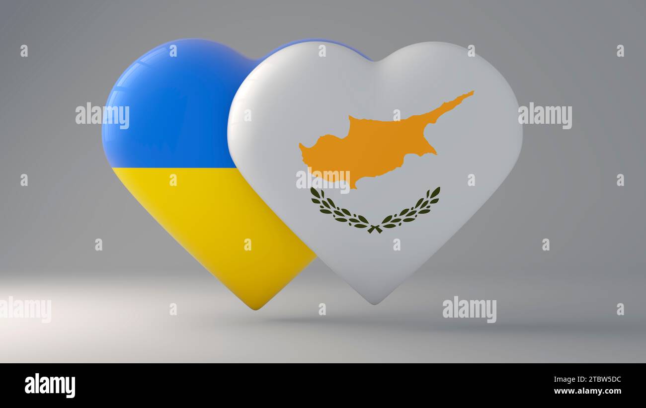 State symbol of Ukraine and Cyprus on glossy badges. 3D rendering. Stock Photo