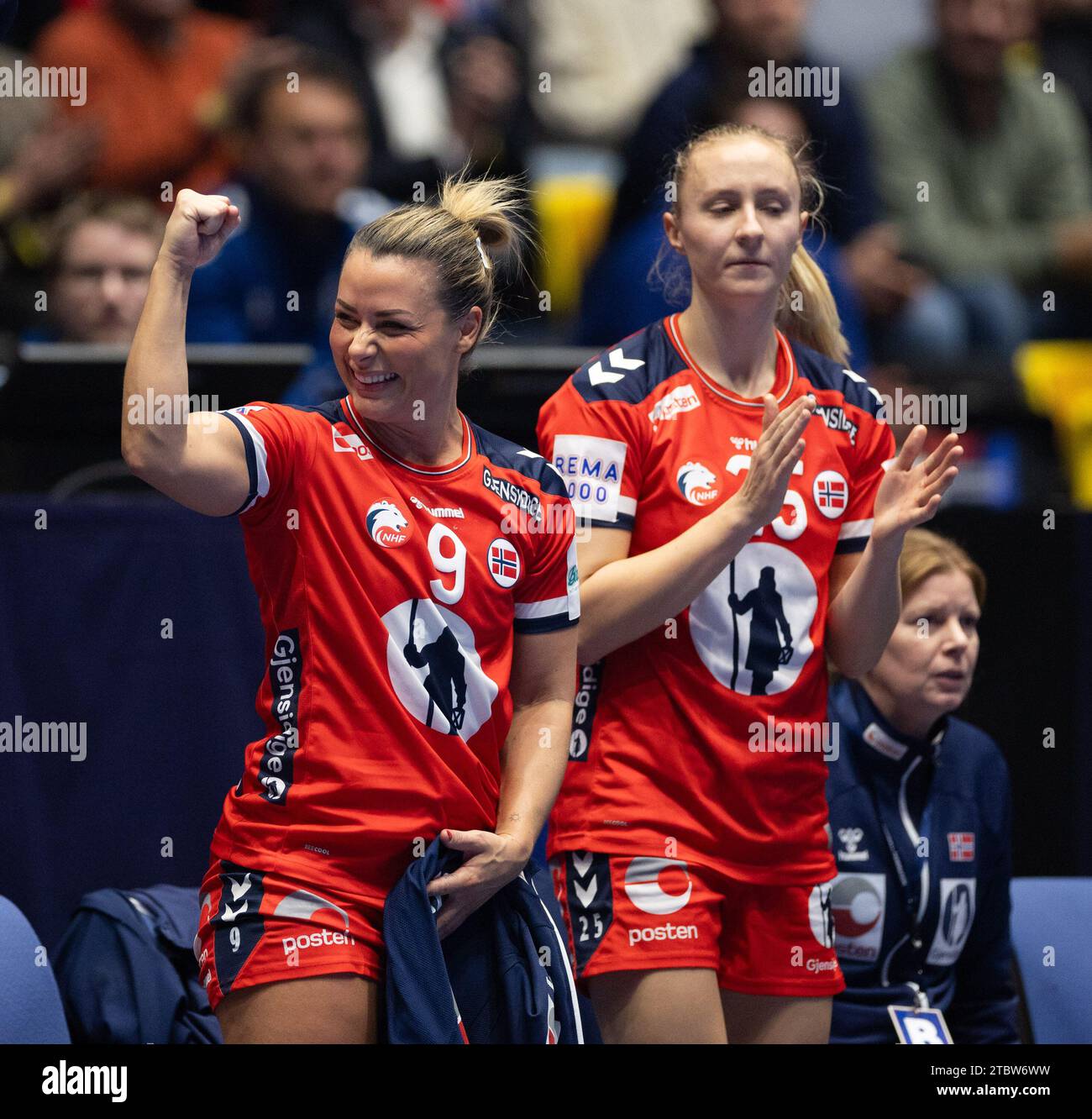 Trondheim, Norway. 08th Dec, 2023. Trondheim, Norway, December 8th 2023: Nora Mork (9 Norway) celebrates after Goalkeeper Katrine Lunde (16 Norway) makes a save during the IHF Womens World Championship game between Slovenia and Norway at Trondheim Spektrum in Trondheim, Norway (Ane Frosaker/SPP) Credit: SPP Sport Press Photo. /Alamy Live News Stock Photo