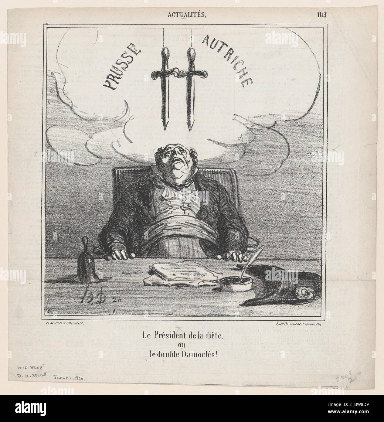 The president of the federal diet or the double sword of Damocles, from 'News of the day,' published in Le Charivari, June 22, 1866 1936 by Arnaud de Vresse Stock Photo