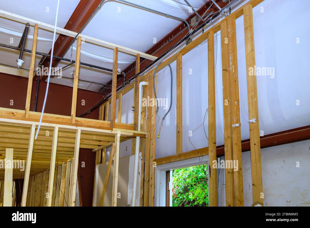 New construction home wooden framing with beams stick framework Stock ...