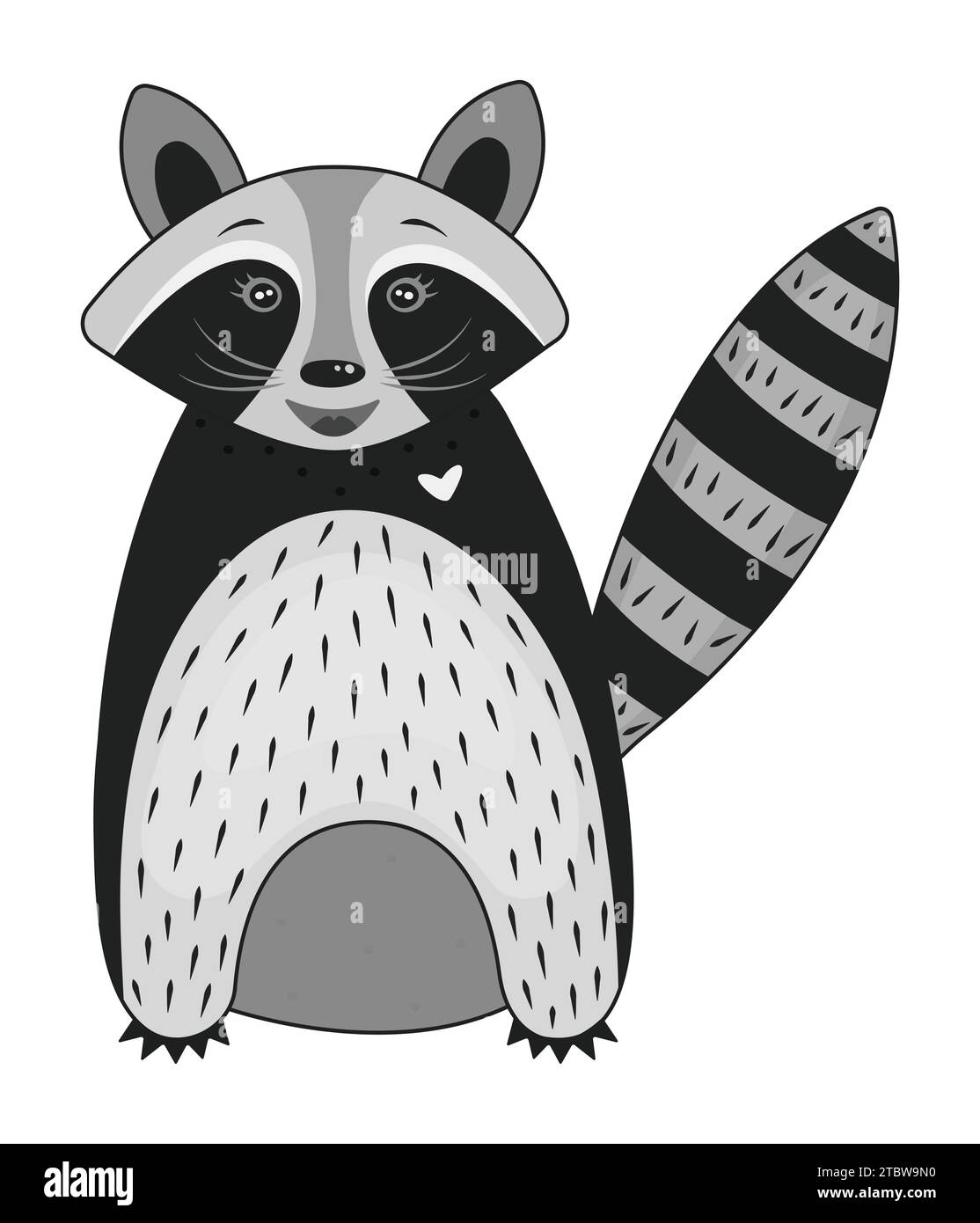 Cute raccoon stands and smiles, vector black and white illustration ...