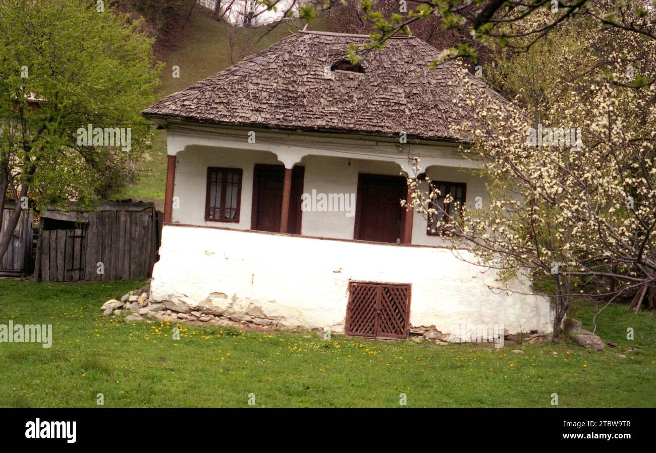 Authentic, traditional house with wooden porch from Arges County, Romania, approx. 2000 Stock Photo