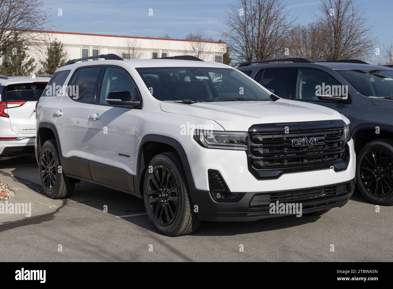 Carmel December 7, 2023 GMC Acadia SUV display at a dealership. GMC offers the Acadia in SLE