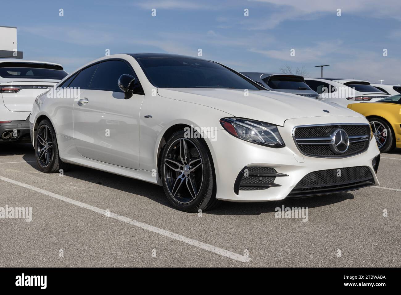 Indianapolis - November 30, 2023: Mercedes-Benz E-Class E53 AMG display at a dealership. Mercedes offers the E53 in coupe, sedan or cabriolet models. Stock Photo
