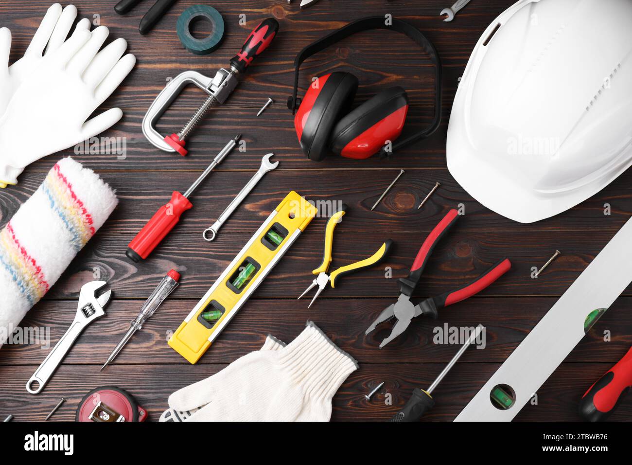 Flat lay composition with different construction tools on wooden ...