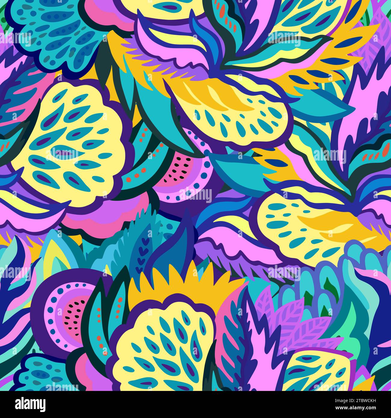 Bright seamless psychedelic pattern with vivid abstract colorful elements. Stock Vector