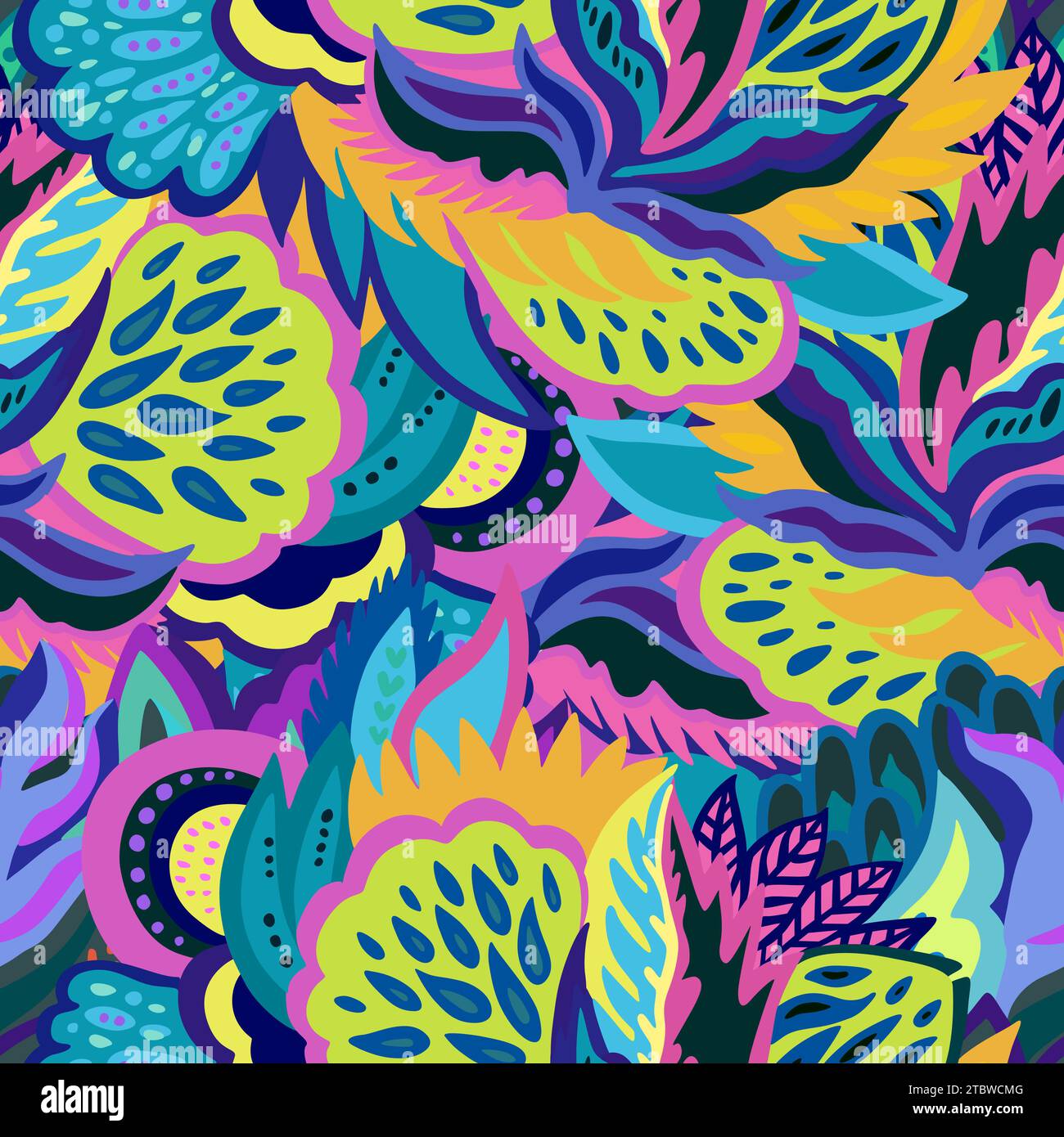 Bright seamless psychedelic pattern with vivid abstract colorful elements. Stock Vector