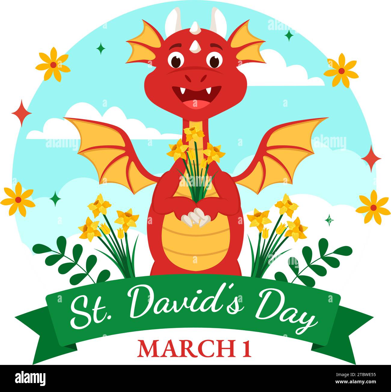Happy St David's Day Vector Illustration on March 1 with Welsh Dragons