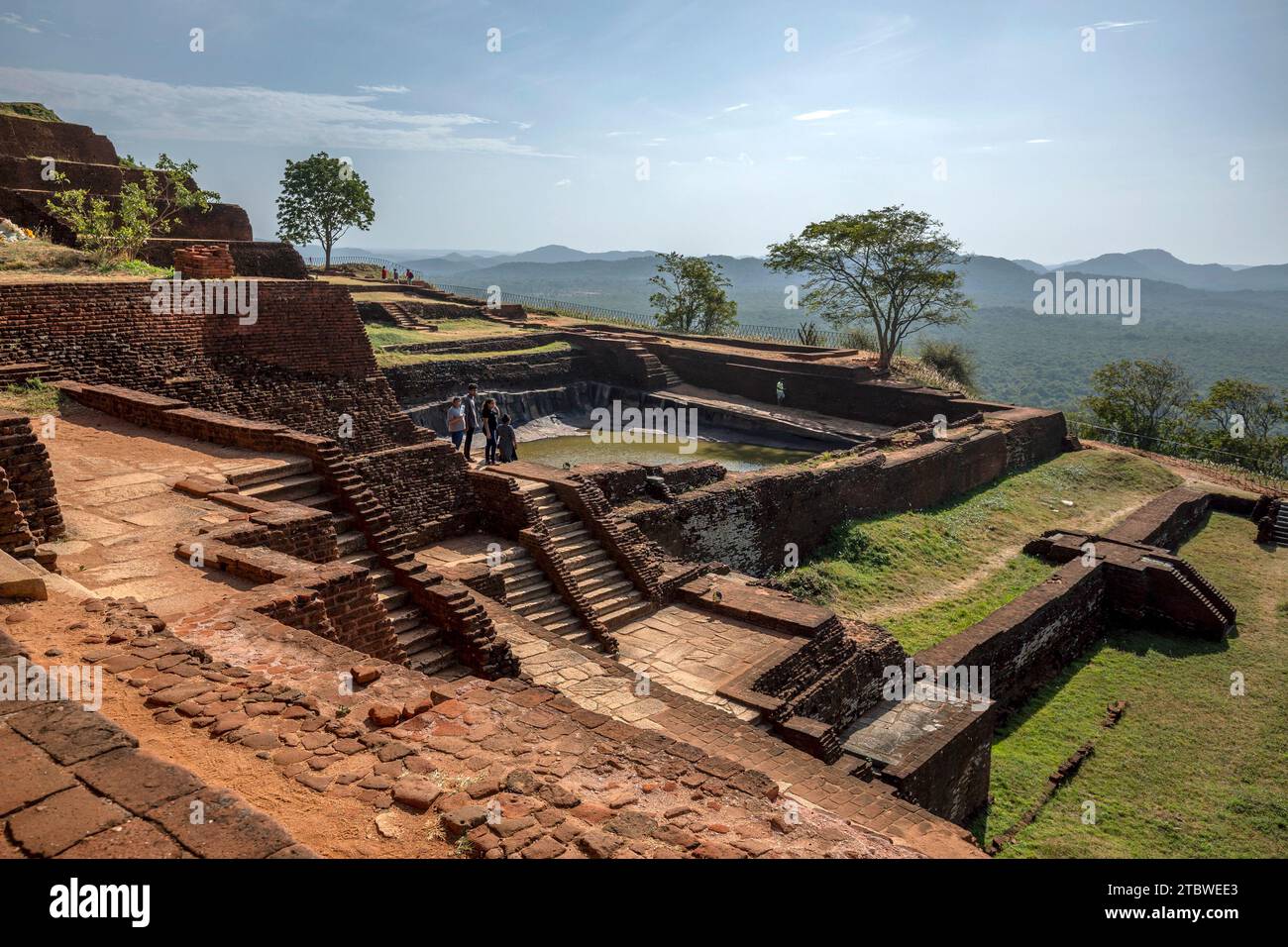The various red brick walls and stairways which surround the man made