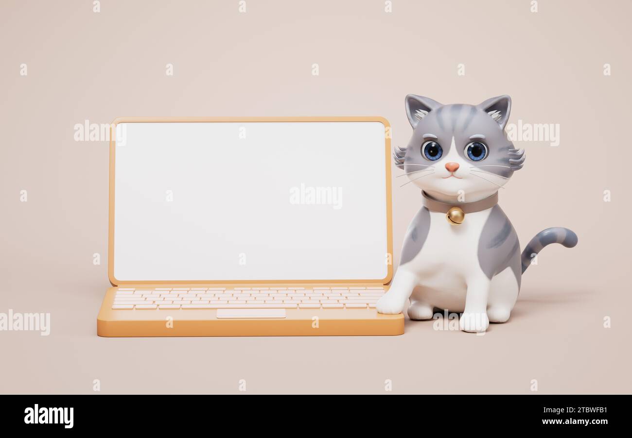 3D cartoon style cute cat and computer screen, 3d rendering. 3D ...