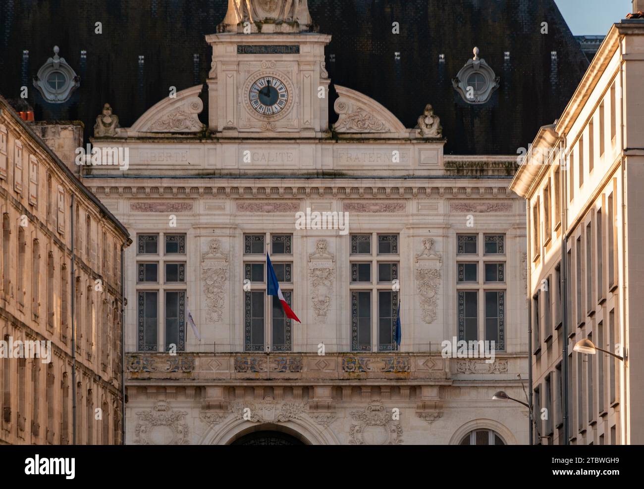 A close-up of the front facade of Niort's Hotel de Ville Stock Photo