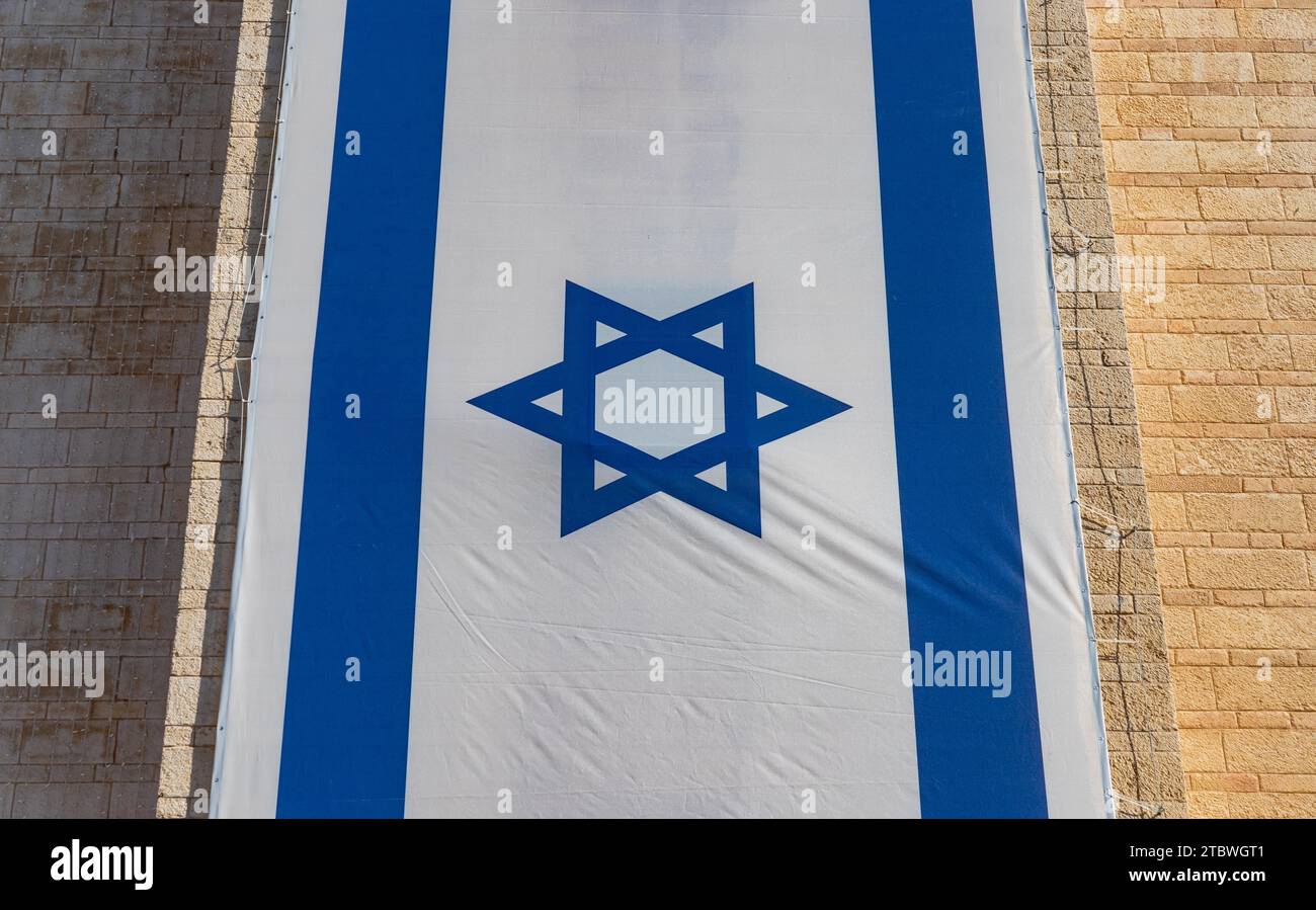 A picture of a large Israelian flag on display at the Safra Square ...